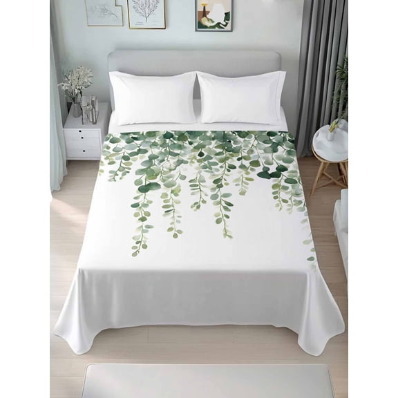 Green Eucalyptus Branches Queen Size Flat Sheet, Wrinkleproof & Fadeproof Cooling Flat Bed Sheet Only, Spring Botanical Leaves Vines Breathable Soft Bedding Top Sheets 90 x 102 Inches