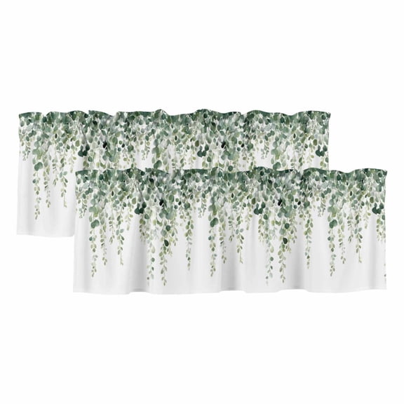 Green Eucalyptus Branches Valances for Windows, Light Filtering Kitchen Curtain Valances 2 Panels, Spring Botanical Leaves Vines Rod Pocket Short Window Treatments for Living Room Bedroom 42"Wx12"L