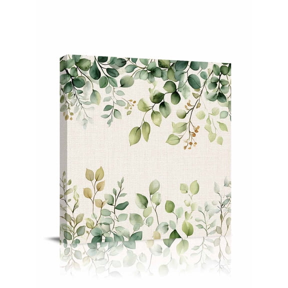 Green Eucalyptus Canvas Wall Art, Leaf Watercolor Plant Linen Background Framed Wall Decor Modern Artwork Prints Painting for Living Room, Bedroom, Kitchen & Cafe Decor 8x8 Inch