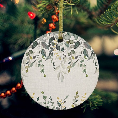 Green Eucalyptus Ceramic Ornaments, Farmhouse Weeping Leaves on Linen Round Porcelain Hanging Ornaments with Gold String, Xmas Decorations Keepsake Gifts for Holiday Home Party 3''
