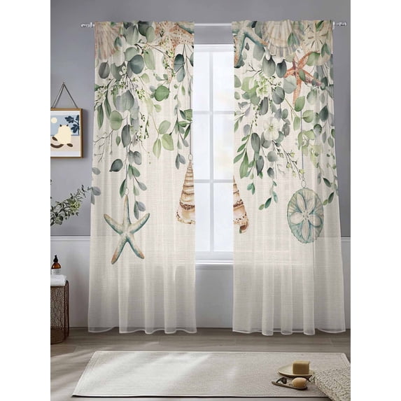Green Eucalyptus Coastal Sheer Curtains for Living Room Bedroom Spring Summer Botanical Sheer Curtains 108 Inch Long 2 Panels Set Light Filtering Curtain Window Treatments Drapes for Dining Room