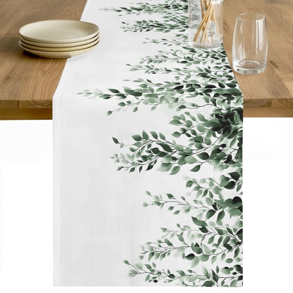 Green Eucalyptus Cotton Linen Rectangle Table Runners 13"x72", Weeping Botanical Leaf Watercolor Coffee Table Runner Dresser Scarves Luxury Table Runners for Wedding Party Banquet Dinner Decor