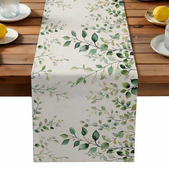 Green Eucalyptus Cotton Linen Table Runner for Dining Kitchen, Country Nature Leaf Succulent Plant Wedding Outdoor Party Tablerunners Decoration, Dresser Scarf Coffee Tablecloth Runners 13x36 Inches