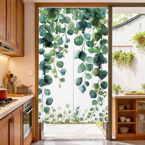 Green Eucalyptus Doorway Curtain, Watercolor Flower Green Leaf Tapestry for Wall Hanging,33.5" W x 59" L