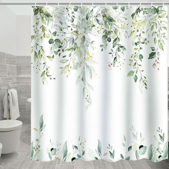 Green Eucalyptus Fabric Shower Curtain, Watercolor Floral Pattern with Hooks, 72 x 72
