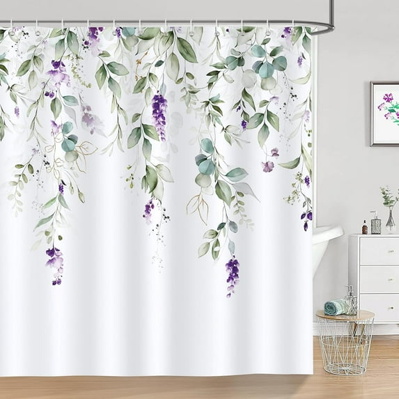 Green Eucalyptus Floral Shower Curtain Watercolor Leaves Purple Flower Decorative Bath Curtain 72 x 72 Inch Polyester Fabric Waterproof Bathroom Curtain with 12 Hooks
