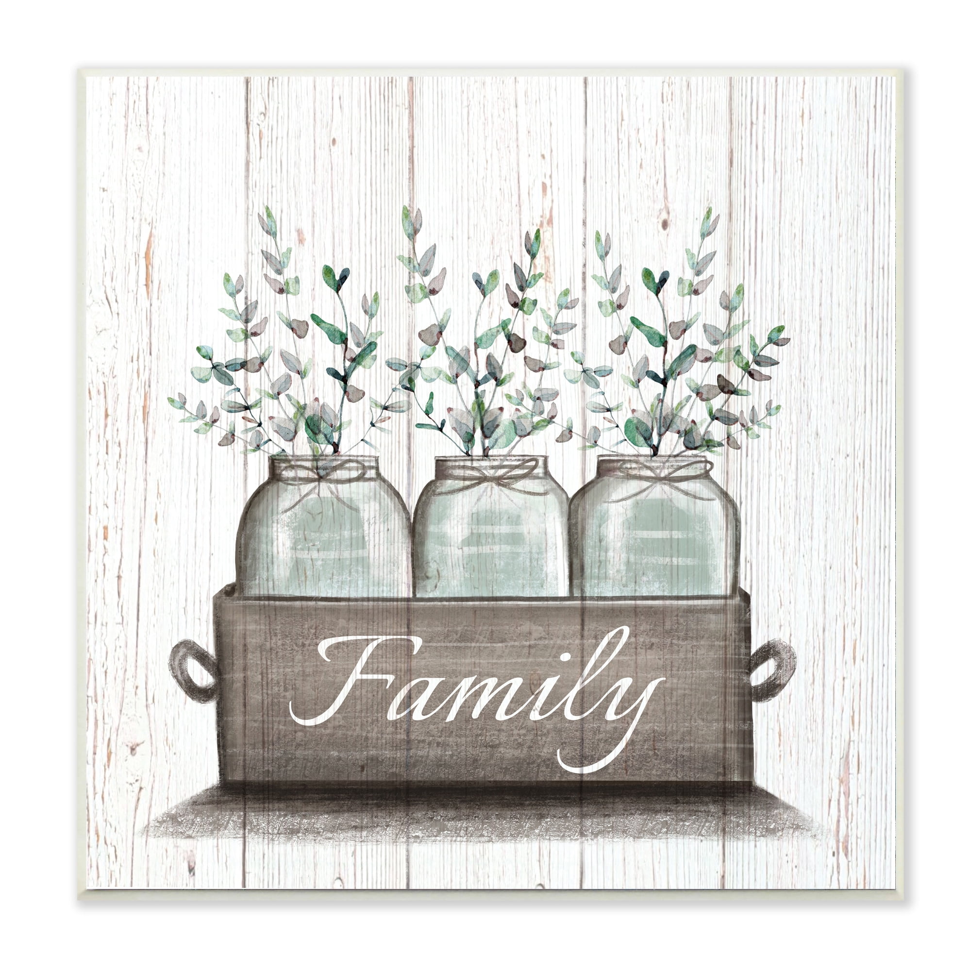 Stupell Industries Green Eucalyptus Foliage Jars with Family Sentiments,12 x 12,Designed by Elizabeth Tyndall