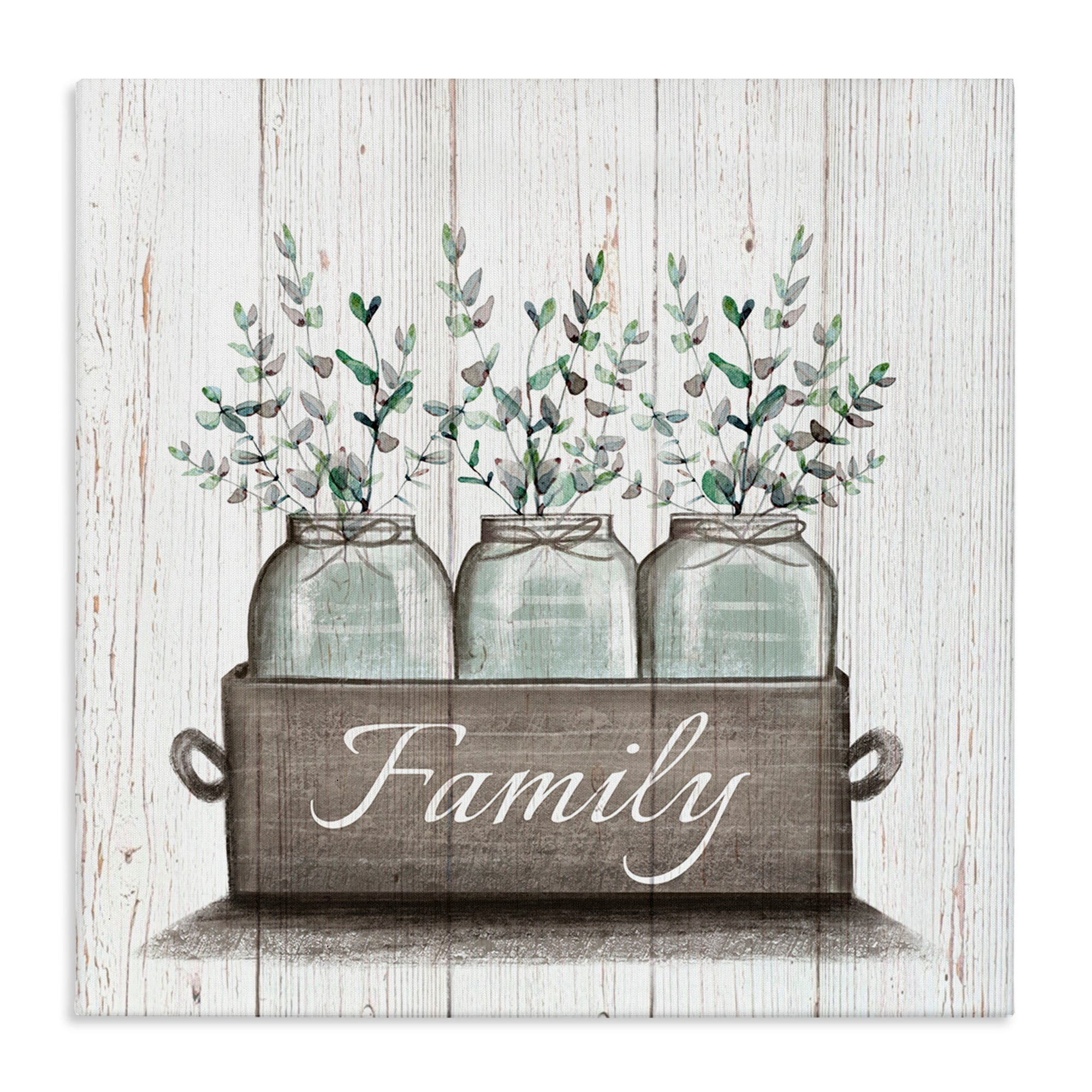 Stupell Industries Green Eucalyptus Foliage Jars with Family Sentiments,24 x 24,Designed by Elizabeth Tyndall