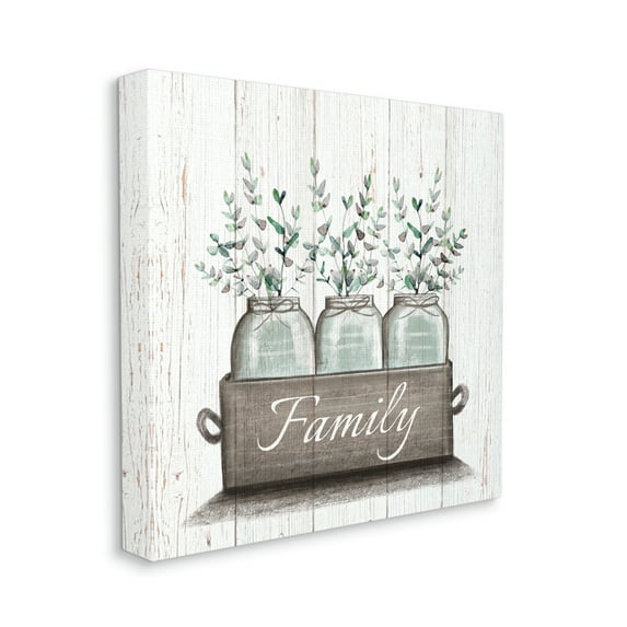 Stupell Industries Green Eucalyptus Foliage Jars with Family Sentiments,36 x 36,Designed by Elizabeth Tyndall