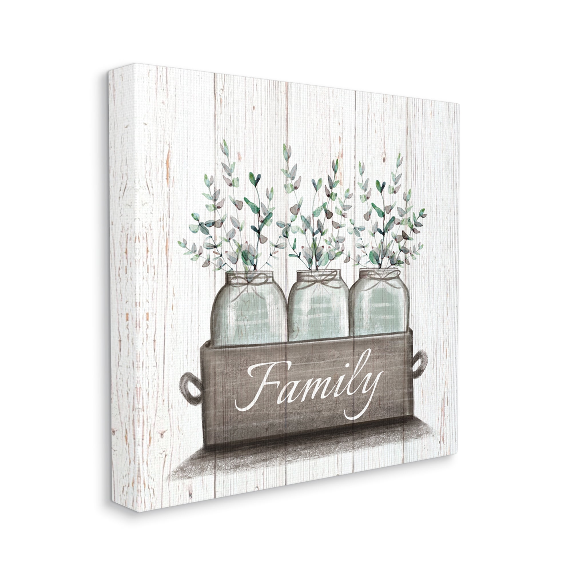 Green Eucalyptus Foliage Jars with Family Sentiments Botanical & Floral Gallery-Wrapped Canvas Print Wall Art, 17x17