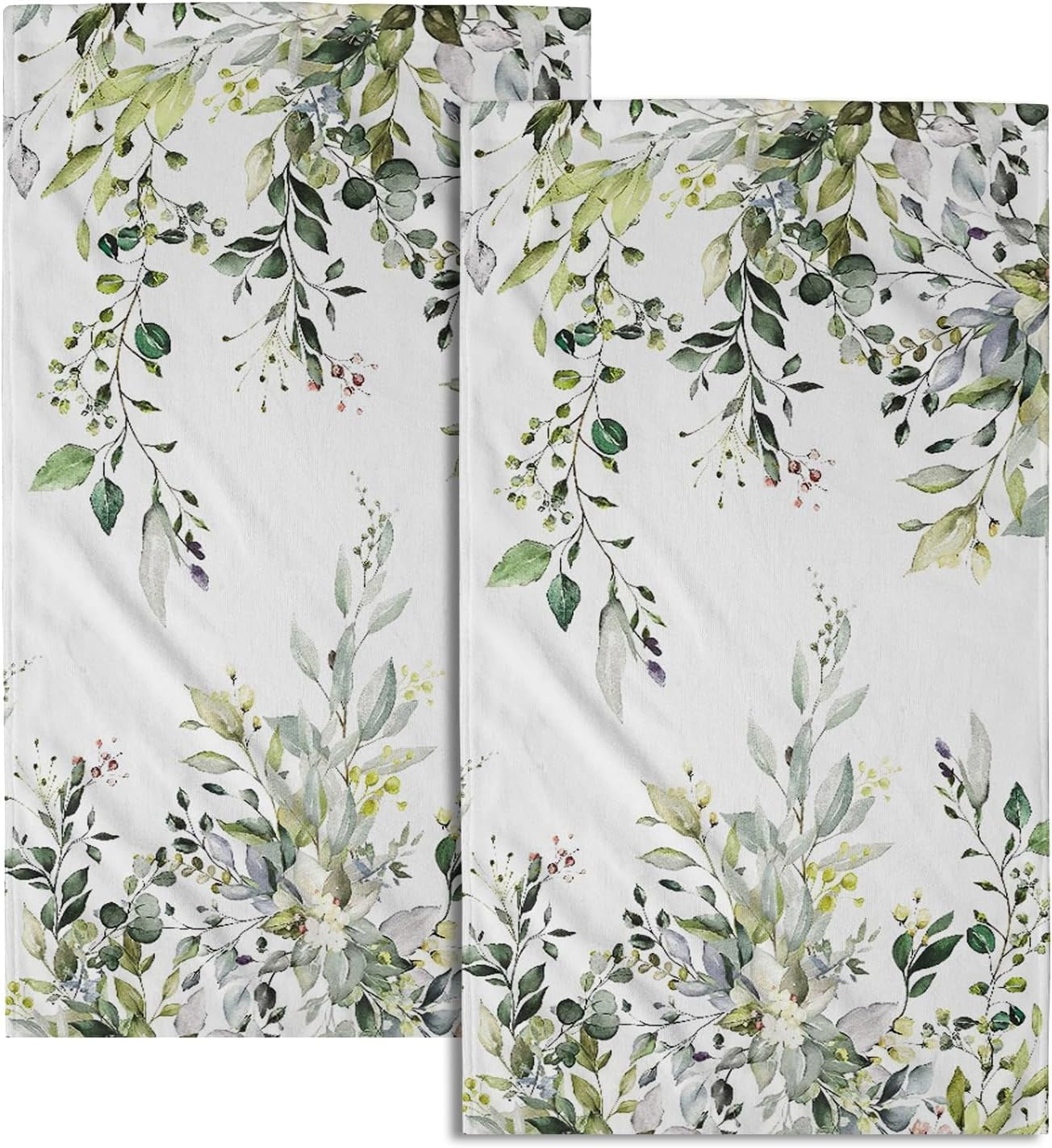 Green Eucalyptus Hand Towels Set of 2 Sage Leaves Soft Absorbent Small Bath Towel Kitchen Dish Guest Towel for Bathroom Hotel Gym Spa