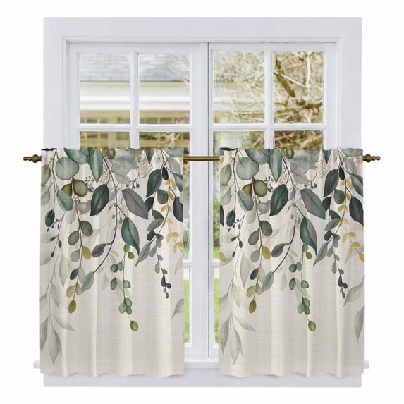 Green Eucalyptus Kitchen Curtains, Farmhouse Weeping Leaves on Linen Light Filtering Window Curtain Panels, 2Pcs Rod Pocket Window Treatments Set for Cabin Bathroom Bedroom 52x45 Inches