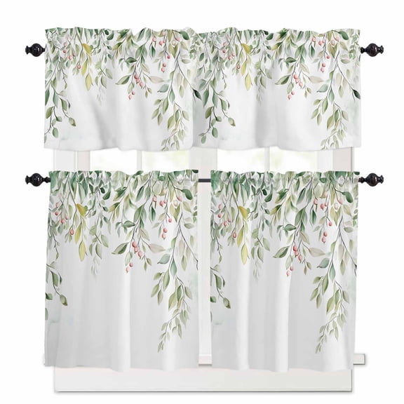 Green Eucalyptus Kitchen Curtains and Valances Set, Leaf Red Fruit Watercolor Nature Plant Rod Pocket Window Valance 18 Inch Window Curtain Panels for Living Room Bedroom Laundry, 27.5x36in, 3 Pieces