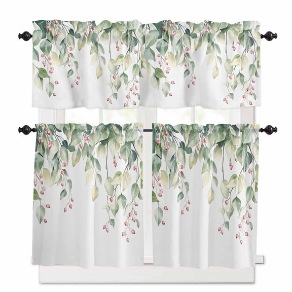 Green Eucalyptus Kitchen Curtains Valances and Tiers Set of 3, 24 Inch Length Tier Curtains and Valance Rod Pocket Valance Curtains Set for Kitchen Bathroom Small Windows