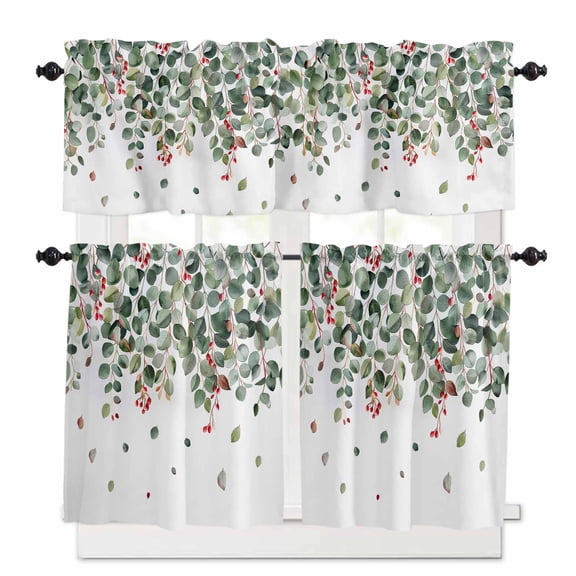 Green Eucalyptus Kitchen Curtains Valances and Tiers Set of 3, 24 Inch Length Tier Curtains and Valance Rod Pocket Valance Curtains Set for Kitchen Bathroom Small Windows