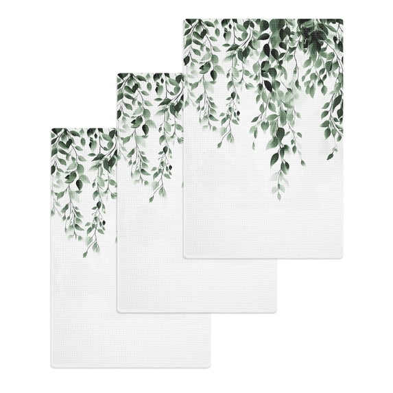 Green Eucalyptus Kitchen Dish Towels for Drying Dishes Set of 3, Weeping Botanical Leaf Watercolor Waffle Weave Microfiber Hand Tea Bathroom Towels Quick Dry & Absorbent Towel 15.7x23.6