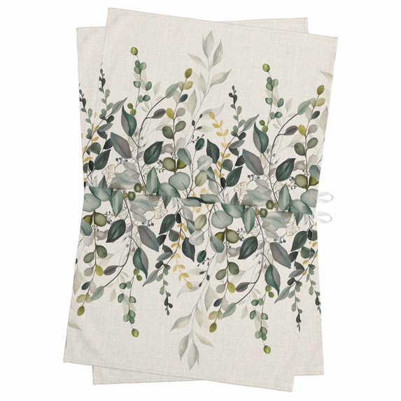 Green Eucalyptus Kitchen Towels Set of 2, Water Absorbent Dish Towel, Farmhouse Weeping Leaves on Linen Decorative Hand Towels - Quick Drying Cloth for Cooking Baking, 18x28 Inch