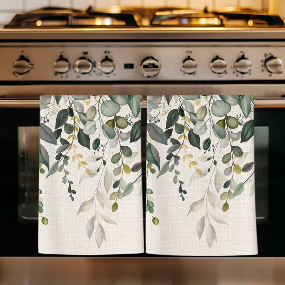 Green Eucalyptus Kitchen Towels Set of 4, Farmhouse Weeping Leaves on Linen Absorbent Dish Towels for Kitchen, Microfiber Hand Towel, Quick Drying Tea Towel for Cleaning Decorative Dishcloths