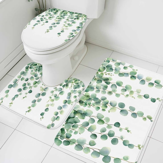 Green Eucalyptus Leaf Bathroom Rugs Set Watercolor Style Leaves Plant Non Slip Absorbent Soft Bath Mats 3 Piece Set with Bathroom Rug, U-Shaped Floor Mat, Toilet Seat Cover Small Size