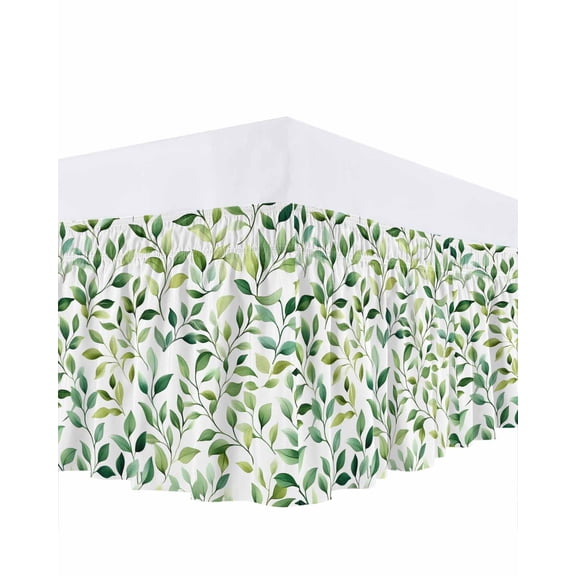 Green Eucalyptus Leaf Bed Skirt Watercolor Plant Farmhouse Bed Skirts Queen Size 16 Inch Drop, Wrap Around Dust Ruffle Bedskirt with Adjustable Elastic Belt for Queen Size Beds
