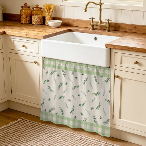 Green Eucalyptus Leaf Cabinet Curtains 35 x 35 Inch Farmhouse Green Gingham Checkered Borders Under Sink Curtain for Closet Waterproof Self Adhesive Desk Skirt Privacy Drape for Kitchen Bathroom