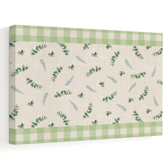 Green Eucalyptus Leaf Canvas Wall Art, Farmhouse Green Gingham Checkered Borders Wall Art Prints Artwork Framed Canvas Ready to Hang Art Pictures for Bathroom, Dressing Table, Entryway 12" x 8"