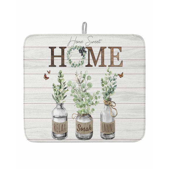 Green Eucalyptus Leaf Home Quote Dish Drying Mats for Kitchen Counter,Absorbent Microfiber Dish Drainer Rack Mat Farm White Wood Board Drying Pad for Sinks,Utensils,Countertops,16x18in