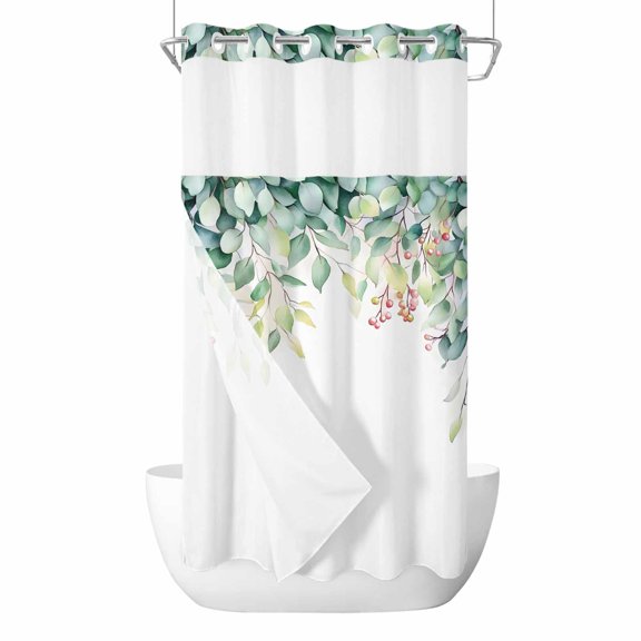 Green Eucalyptus Leaf No Hooks Shower Curtain with Snap-in Liner Spring Plant Rustic Farm Watercolor Shower Curtains for Bathroom, Waterproof, Easy Install, Washable 36"x72"