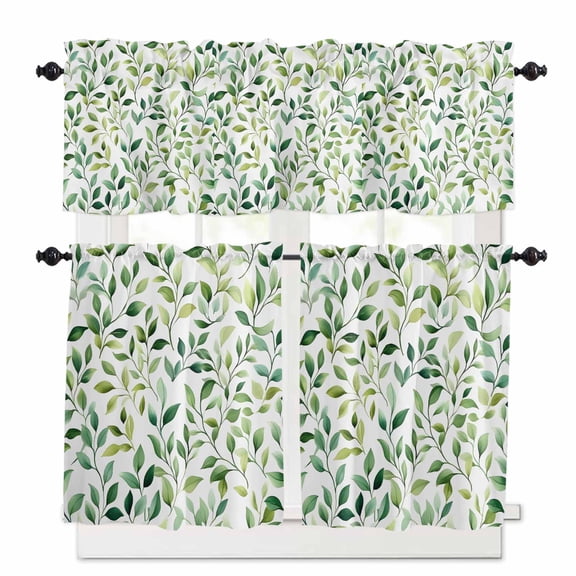Green Eucalyptus Leaf Kitchen Curtains Valances and Tiers Set of 3, 24 Inch Length Tier Curtains and Valance Rod Pocket Valance Curtains Set for Kitchen Bathroom Small Windows