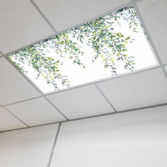 Green Eucalyptus Leaf Magnetic Fluorescent Light Covers for Ceiling Lights 2x4Ft, Spring Botanical Leaves Floral Office Classroom Kitchen Drop Ceiling Light Covers Lighting Filters Shade Panel 1 Pack