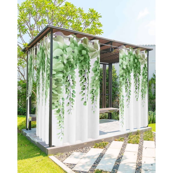 Green Eucalyptus Leaf Outdoor Curtains for Patio, Spring Blending Vine Plant Watercolor Waterproof Weatherproof Outside Privacy Curtains Outdoor Drapes for Porch Pergola Gazebo 54x84 Inch, 1 Panel