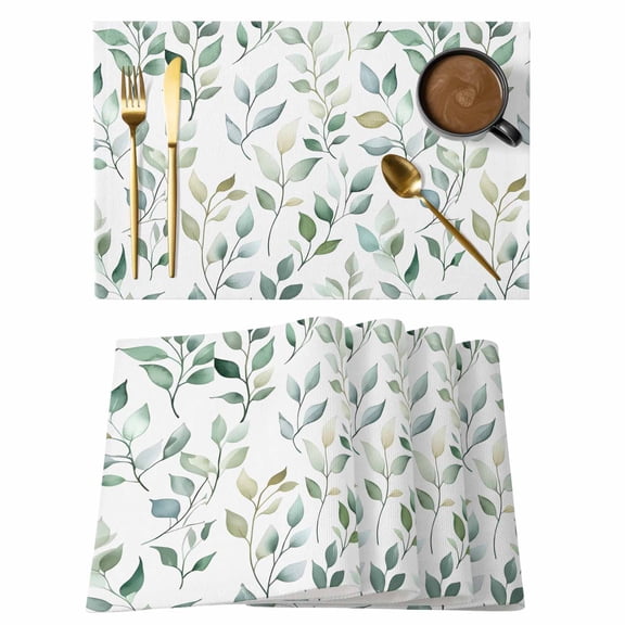 Green Eucalyptus Leaf Placemats Set of 12, Watercolor Plant Farmhouse Non-Slip Place Mats Washable Table Mats for Kitchen Dining Table Decorations Indoor/Outdoor