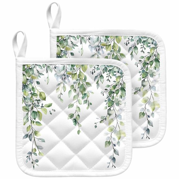 Green Eucalyptus Leaf Pot Holders for Kitchen Heatproof Potholder, 2 Pack Spring Botanical Leaves Floral Hot Pads Multipurpose Oven Pads Cloth Potholders Trivet for Cooking and Baking