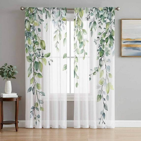 Green Eucalyptus Leaf Semi Sheer Curtains 63 Inch Length 2 Panels Set, Spring Botanical Leaves Floral Sheer Kitchen Curtain Privacy Voile Window Curtain for Living Room Bedroom Rod Pocket Drapes