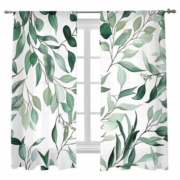 Green Eucalyptus Leaf Sheer Curtains 63 inches Long 2 Panels Set Watercolor Plant Farm Sheer Window Curtain Rod Pocket Voile Drapes for Living Room/Bedroom, Each 52" W x 63" L