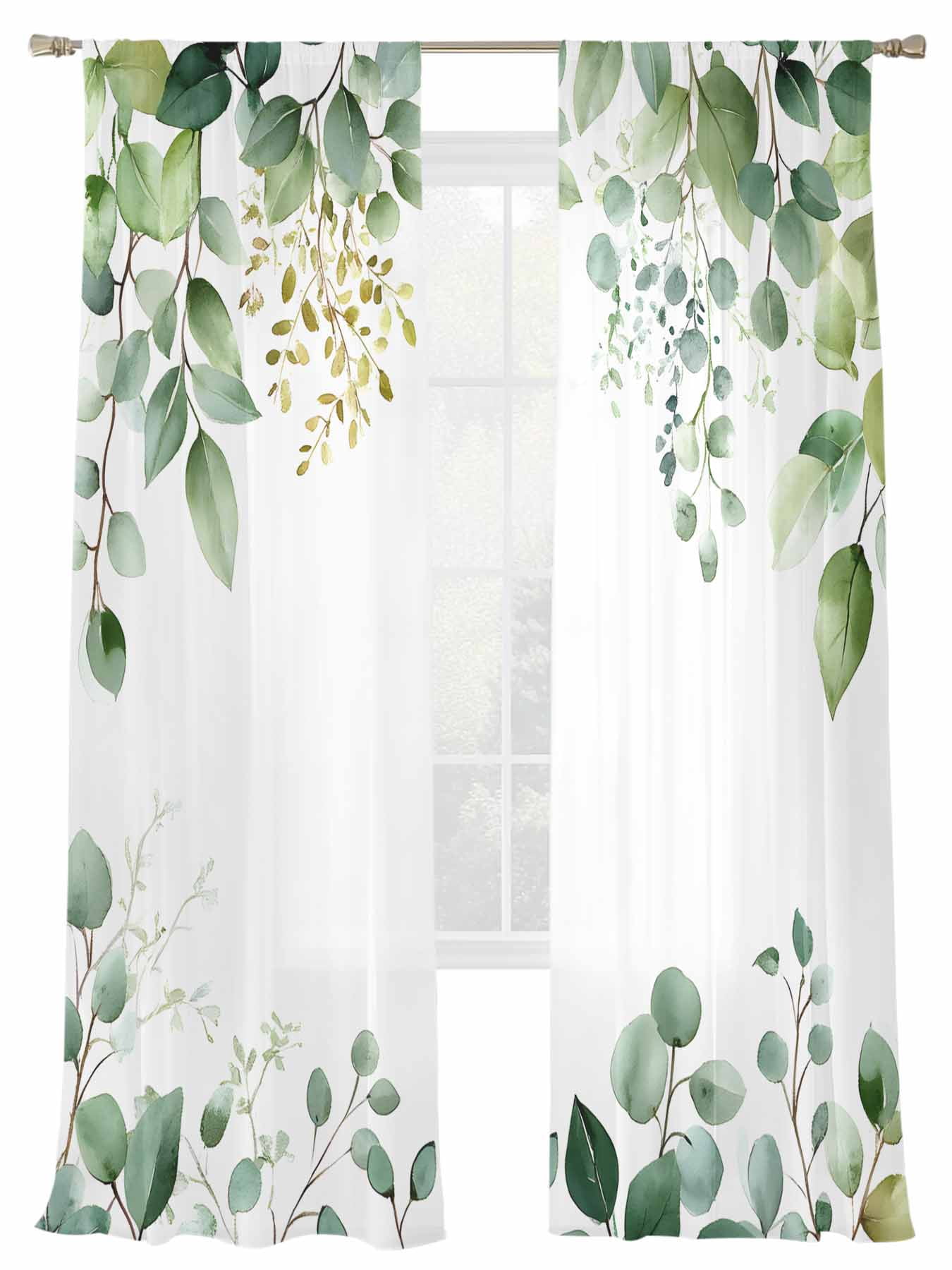 Green Eucalyptus Leaf Sheer Curtains 96 Inch Long 2 Panels, Country ...
