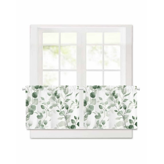 Green Eucalyptus Leaf Short Blackout Curtains 30 Inch Long Watercolor Farm Plant Rod Pocket Kitchen Curtains, 2 Panels Thermal Insulated Room Darkening Drapes for Bedroom, 42"W x 30"L