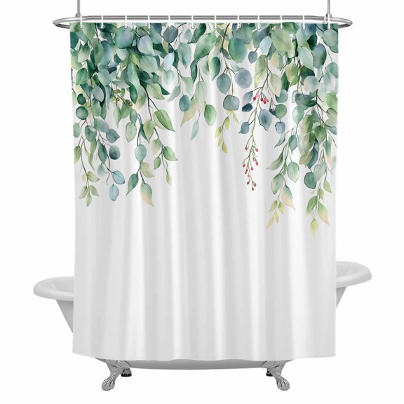 Green Eucalyptus Leaf Shower Curtain for Bathroom, Spring Flower Floral Plant Rustic Farm Watercolor Waterproof Cloth Fabric Bathroom Accessories Set with 12 Rust Proof Plastic Hooks, 66"x72"