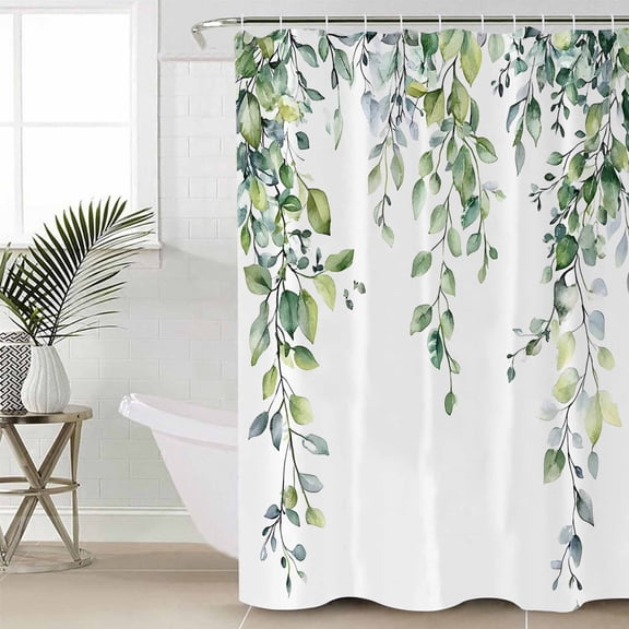 Green Eucalyptus Leaf Shower Curtain Set, Waterproof Shower Curtains for Bathroom, Spring Botanical Leaves Floral Washable Fabric Cloth Bath Curtain for Bathtub Decoration with Hooks 54x78 Inches