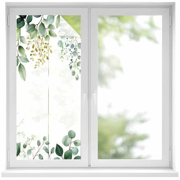Green Eucalyptus Leaf Window Privacy Film Country Plant Farm Decorative Glass Window Film UV Blocking Static Cling Non-Adhesive Sticker Covering for Home Door 19.6 x 39.3 inches