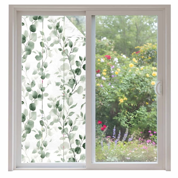 Green Eucalyptus Leaf Window Privacy Film Watercolor Farm Plant Decorative Glass Window Film UV Blocking Static Cling Non-Adhesive Sticker Covering for Home Door 35.4x78.7 inches