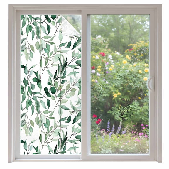 Green Eucalyptus Leaf Window Privacy Film Watercolor Plant Farm Decorative Glass Window Film UV Blocking Static Cling Non-Adhesive Sticker Covering for Home Door 35.4x78.7 inches