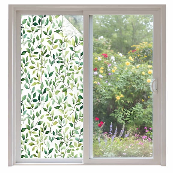 Green Eucalyptus Leaf Window Privacy Film Watercolor Plant Farmhouse Decorative Glass Window Film UV Blocking Static Cling Non-Adhesive Sticker Covering for Home Door 35.4x78.7 inches