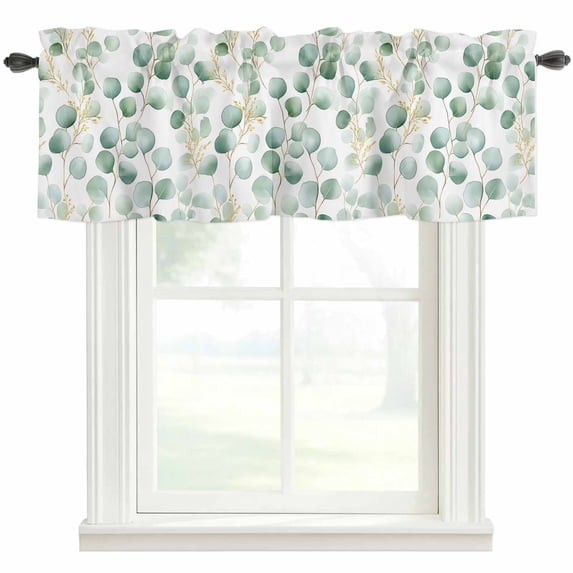 Green Eucalyptus Leaf Window Valance Curtain Watercolor Style Rod Pocket Short Curtain for Living Room, Bedroom & Kitchen Window Decor 60x18in