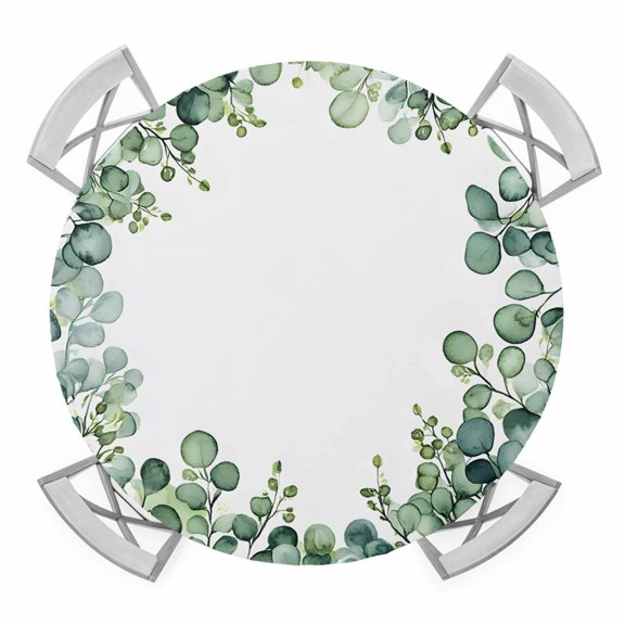 Green Eucalyptus Leaf Wreath Elastic Fitted Round Table Cover Green Leaf Plant Waterproof Outdoor Tablecloth for Holiday Party, Picnic, Patio & Dining Fits Tables Up to 36"-44"