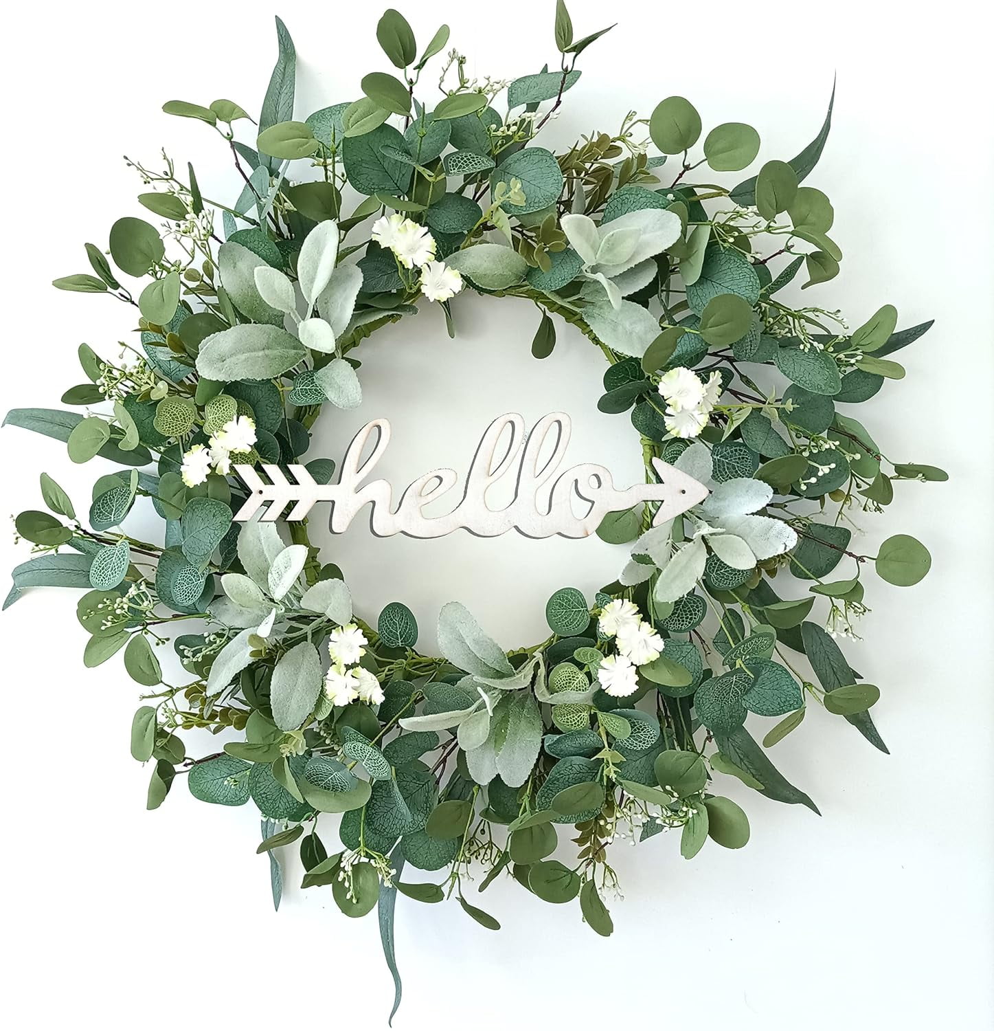 WEZEHO 22 Inch Outdoor Welcome Floral Wreath, Handmade Green Eucalyptus ...