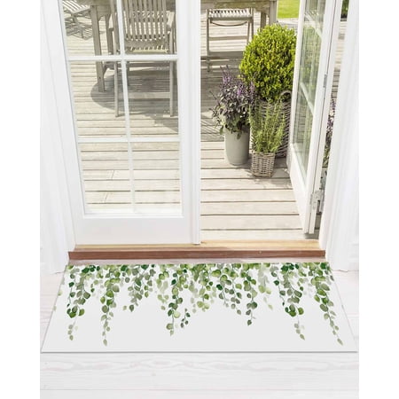 Green Eucalyptus Leave Front Door Mat Watercolor Retro Leaf Welcome Doormat Indoor Outdoor Entrance Floor Mat Non-Slip Washable Runner Rug for Front Porch Decor 18x60 Inch