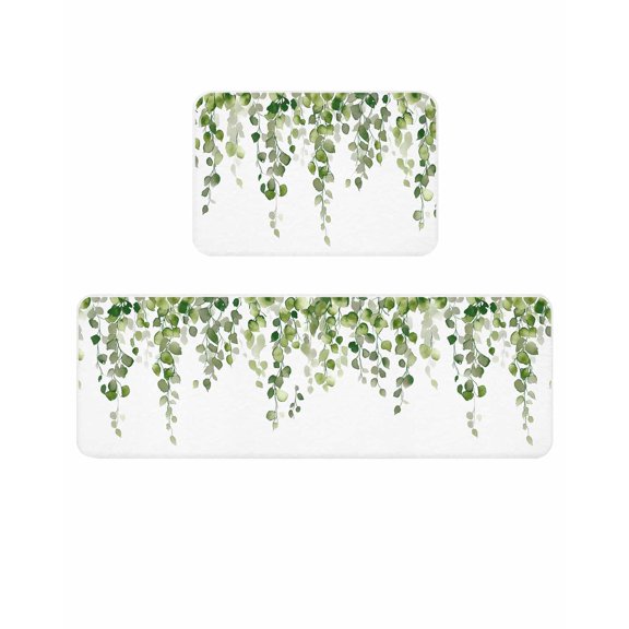 Green Eucalyptus Leave Kitchen Mats for Floor 2 Piece, Watercolor Retro Leaf Absorbent Non-Slip Kitchen Rugs Comfort Standing Mat for Laundry, Hallways 15.7"x23.6"+15.7"x47.2"