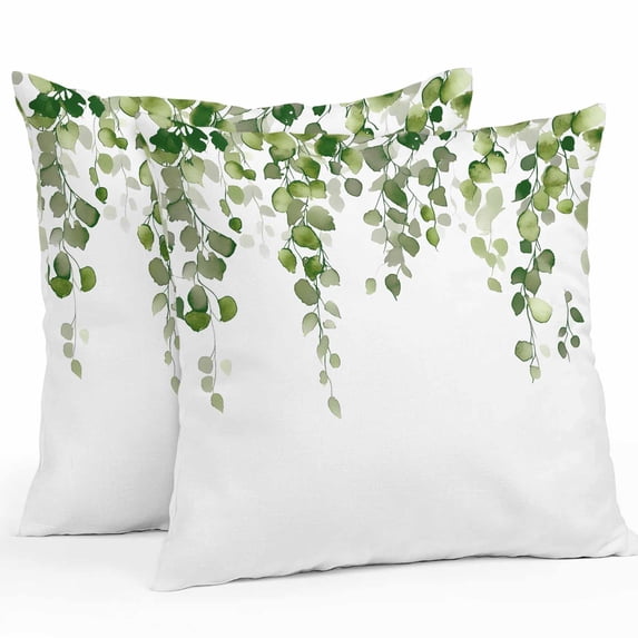 Green Eucalyptus Leave Outdoor Pillow Covers Pack of 2 Watercolor Retro Leaf Waterproof Throw Pillow Covers Decorative Cushion Cases for Patio Garden Tent Balcony Couch 18x18 inch