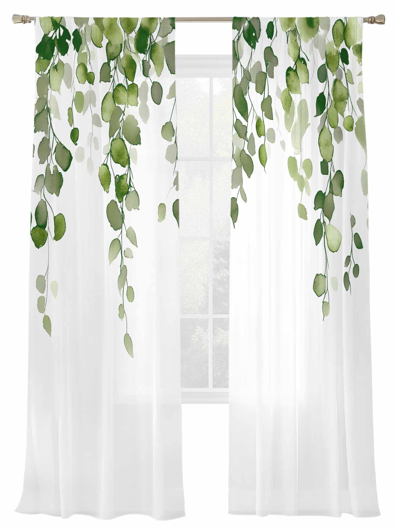 Green Eucalyptus Leave Sheer Curtains 108 Inch Long 2 Panels ...
